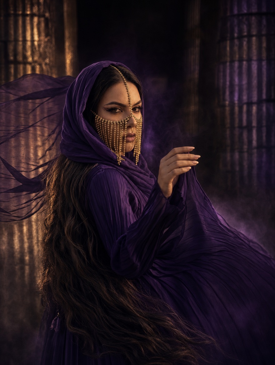 Yasmine Del Maro veiled in amethyst and gold, photographed among ancient columns