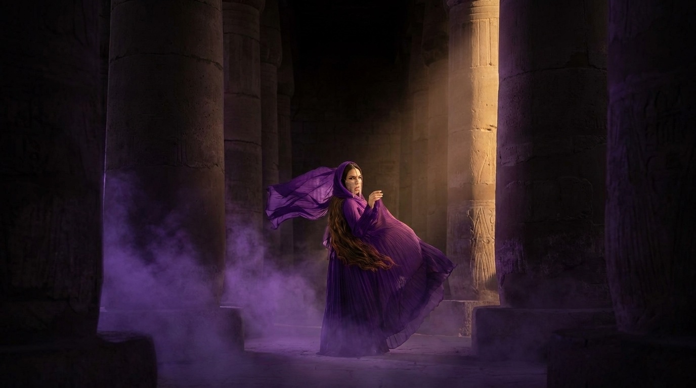 Yasmine Del Maro veiled in amethyst and gold, photographed among ancient columns