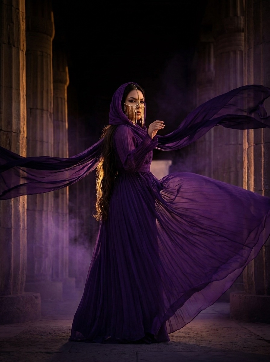 Yasmine Del Maro veiled in amethyst and gold, photographed among ancient columns