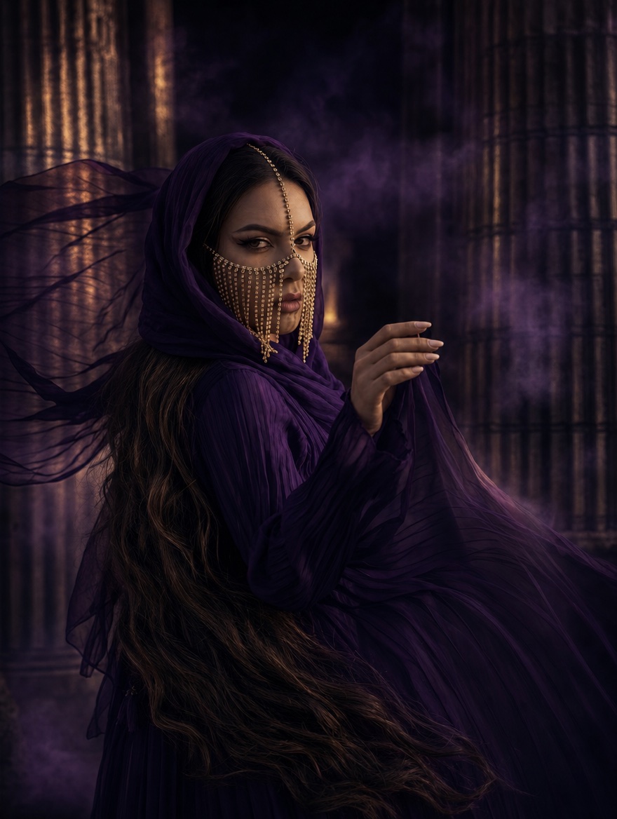 Yasmine Del Maro veiled in amethyst and gold, photographed among ancient columns