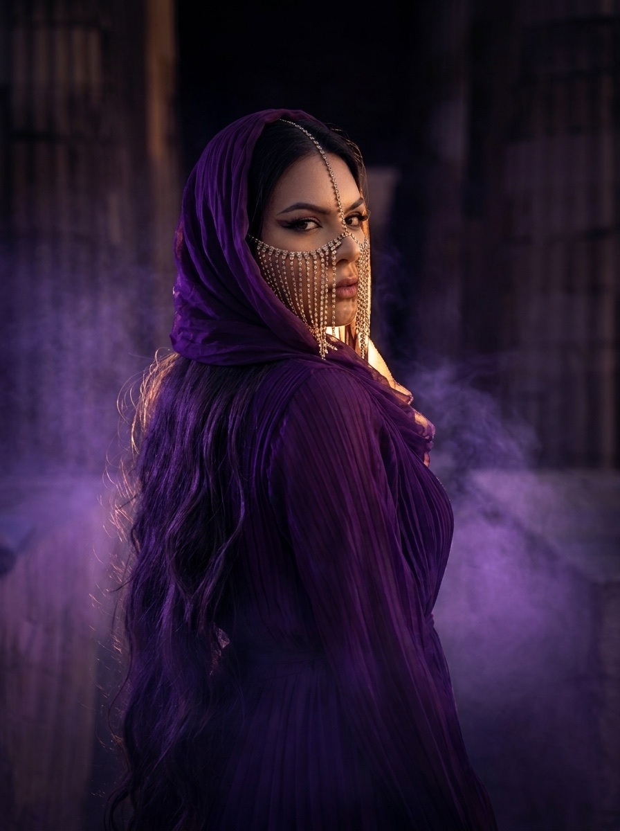 Yasmine Del Maro veiled in amethyst and gold, photographed among ancient columns