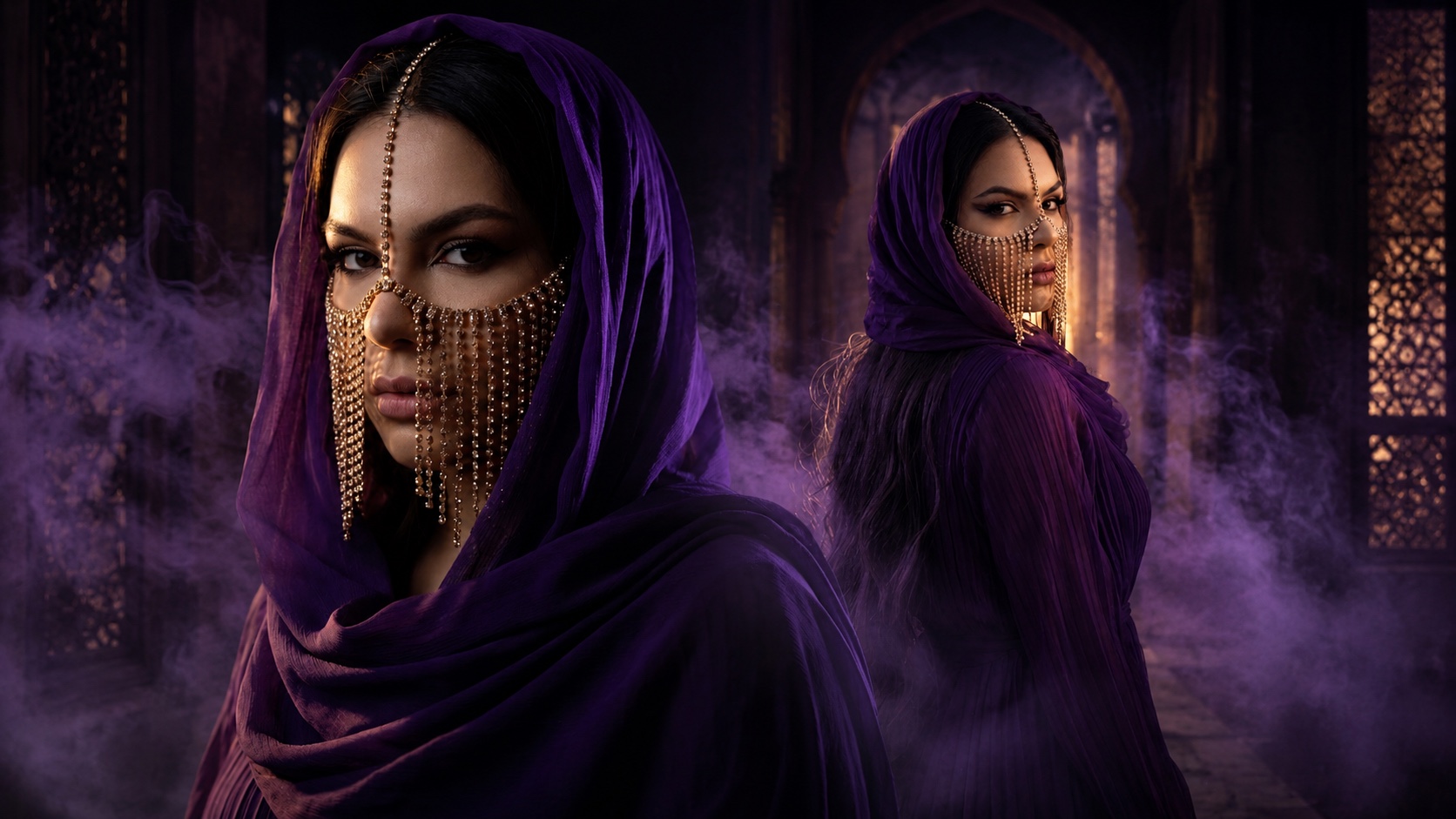 Yasmine Del Maro twice over: facing the lens and turning away, veiled in amethyst inside a smoke-filled palace
