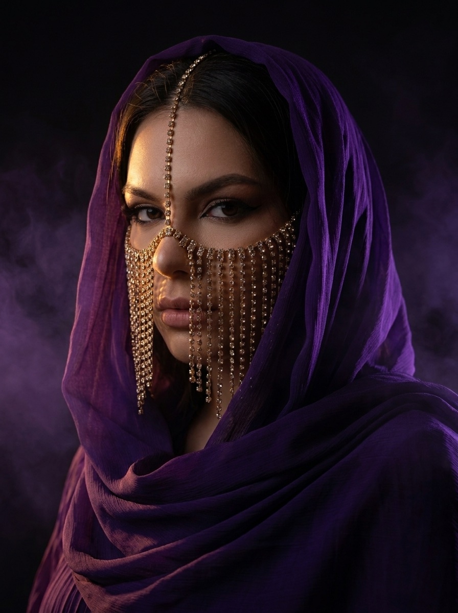 Yasmine Del Maro veiled in amethyst and gold, photographed among ancient columns